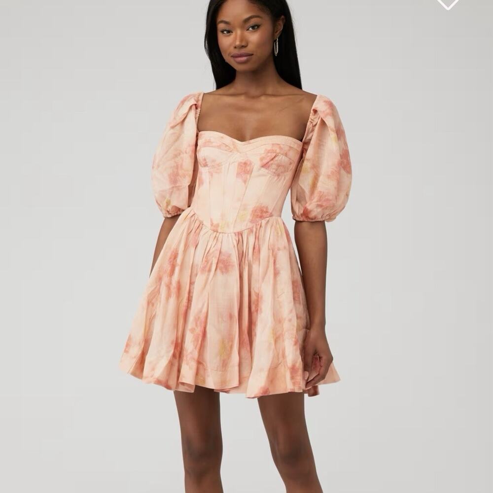 Bardot Mini Dress Size US 6 Peach Pink Kiah Balloon Sleeves Corset Sweetheart